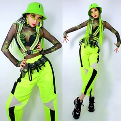 Modern Jazz Dance Costume For Women Green Hip Hop Clothes Perspective Bodysuit Sexy Gogo Dance Drag Queen Stage Outfit DNV15925