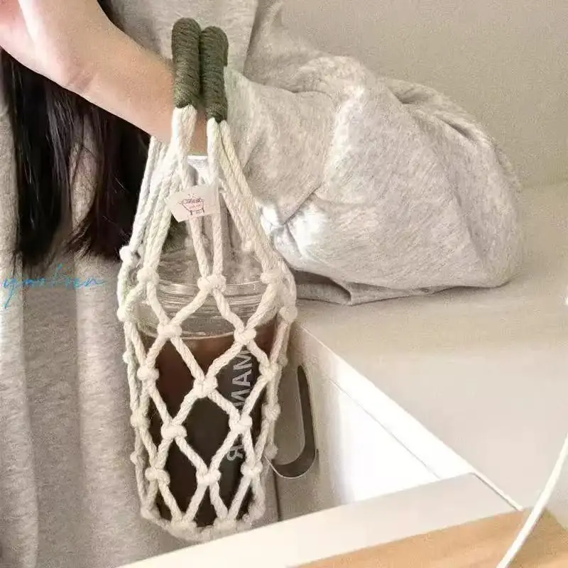 Handmade Macrame Water Bottle Sling Multicolor Cotton Rope Net Bag Portable Cup Holder Reusable Water Storage Bottle Tote
