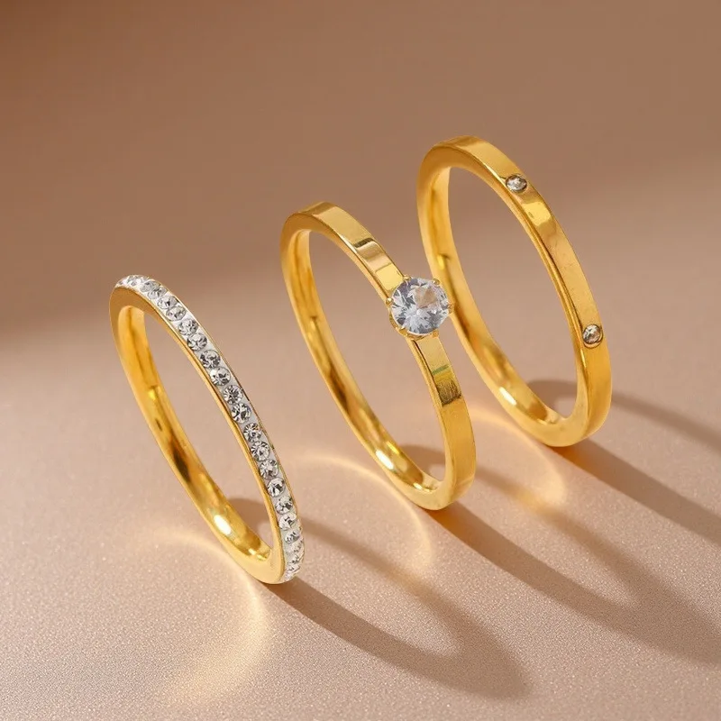 ZAKOL New Trendy Stainless Steel Ring For Women Three-Piece Set Zircon Classic Fashion Finger Accessory Jewelry Female Gifts