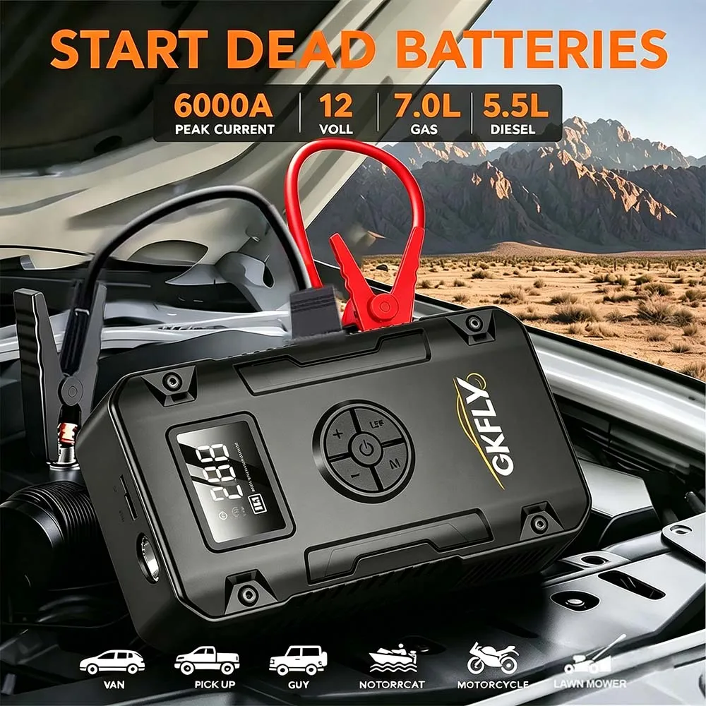 ​​GKFLY 6000A 4-in-1 Jump Starter, 150PSI Air Compressor, 12V Power Bank with LCD Display, 7.0L Gas/5.5L Diesel