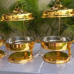 2 Packs Hotel Wedding Banquet 9.0L Stainless Steel Food Warmer Gold and Silver Buffet Alcohol Heating Round Chafing Dish