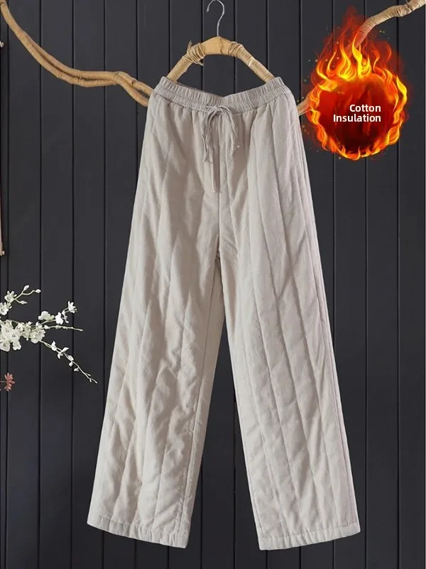 

Simple Color Striped Quilted Cotton Straight Leg Pants Large Size Women's Casual Drawstring Elastic Waist Slimming Cott...