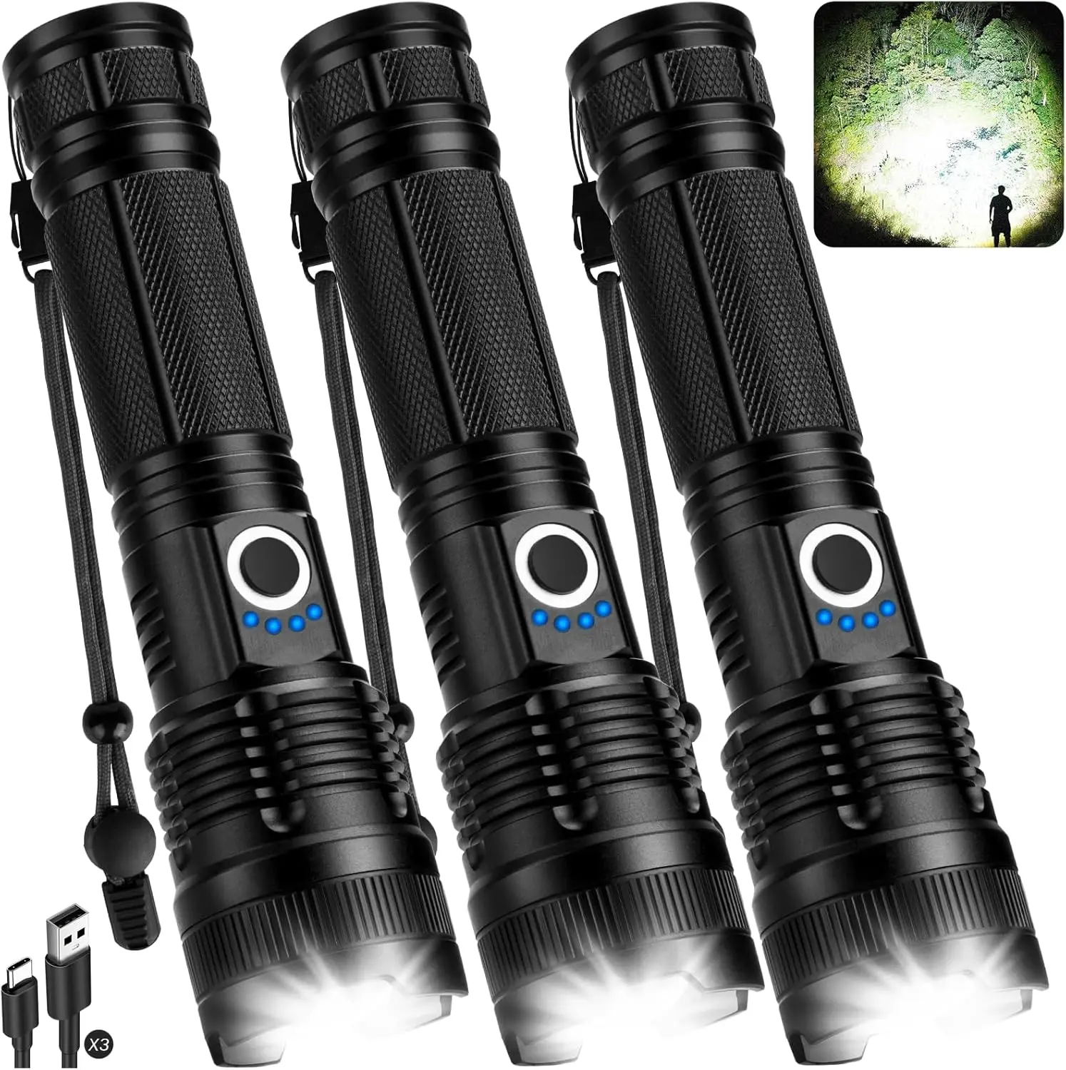 

Rechargeable LED Flashlight 99,000 Lumens, 5 Modes, Waterproof, Multifunctional for Camping