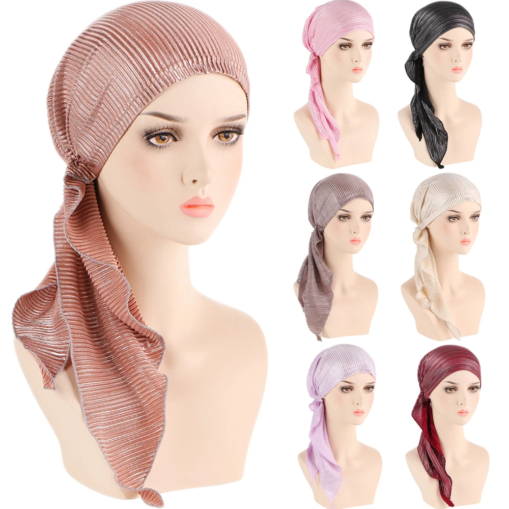 Shiny Glitter Elastic Solid Color Pre-Tied Hijabs Wrap Head Scarf Muslim Turban Bonnet for Women Inner Hat Turbantes Caps Mujer