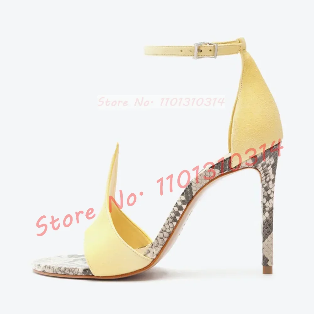 

Yellow Suede Grey Snake Print Leather Sandals Women Fashion Patchwork Cover Heel Sandals Elegant High Heels Open Toe Sexy Shoes