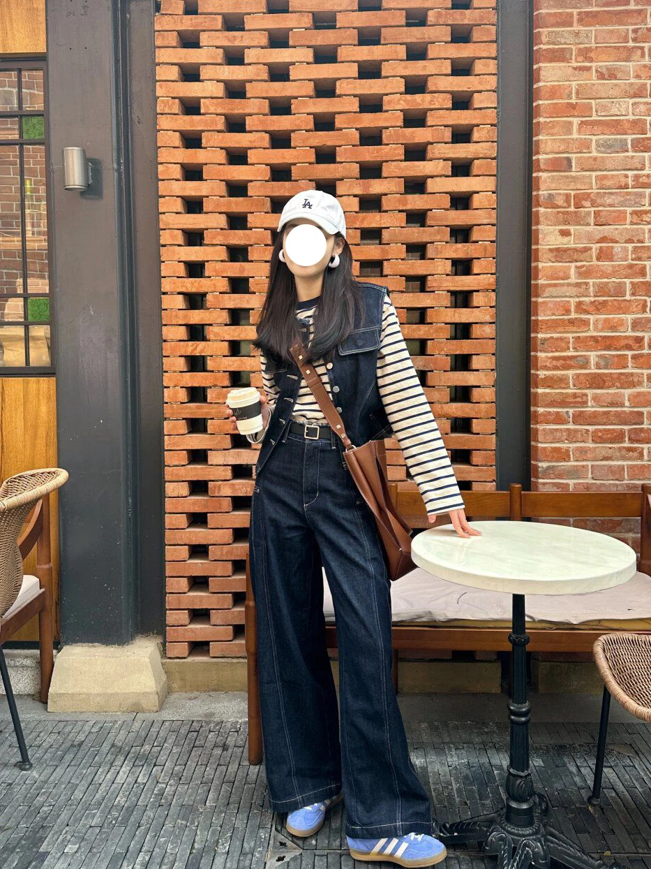 

Retro Korean Sle Denim Tee-Piece Set Women's Early Autumn Striped T-irt Wide Leg Pants High-End Feeling Faion Ensemble