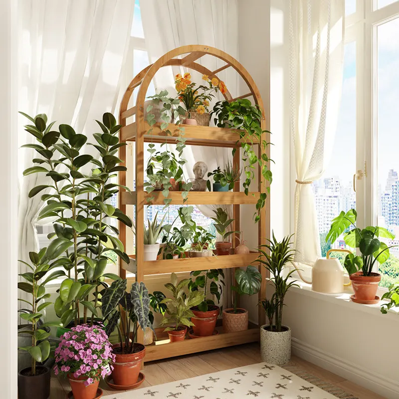 Balcony flower stand Layer rack Floor-to-ceiling succulent shelf Shelf Solid wood multi-layer mobile plant frame with wheels