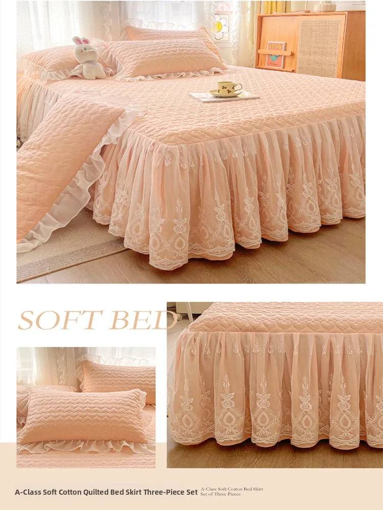 

A-Class Pure Color Cotton Lace Trim Bed Skirt Sle Bed Cover Single Piece Princ Sle Tee-Piece Set Season-Universal Pr...