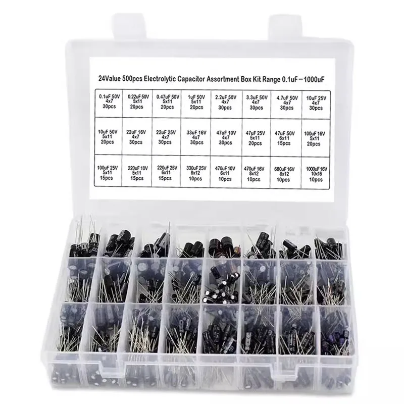 500/600PCS Aluminum Electrolytic Capacitor Assortment Kit 24 Types 0.1uF-1000uF Radial Through Hole with Storage Box