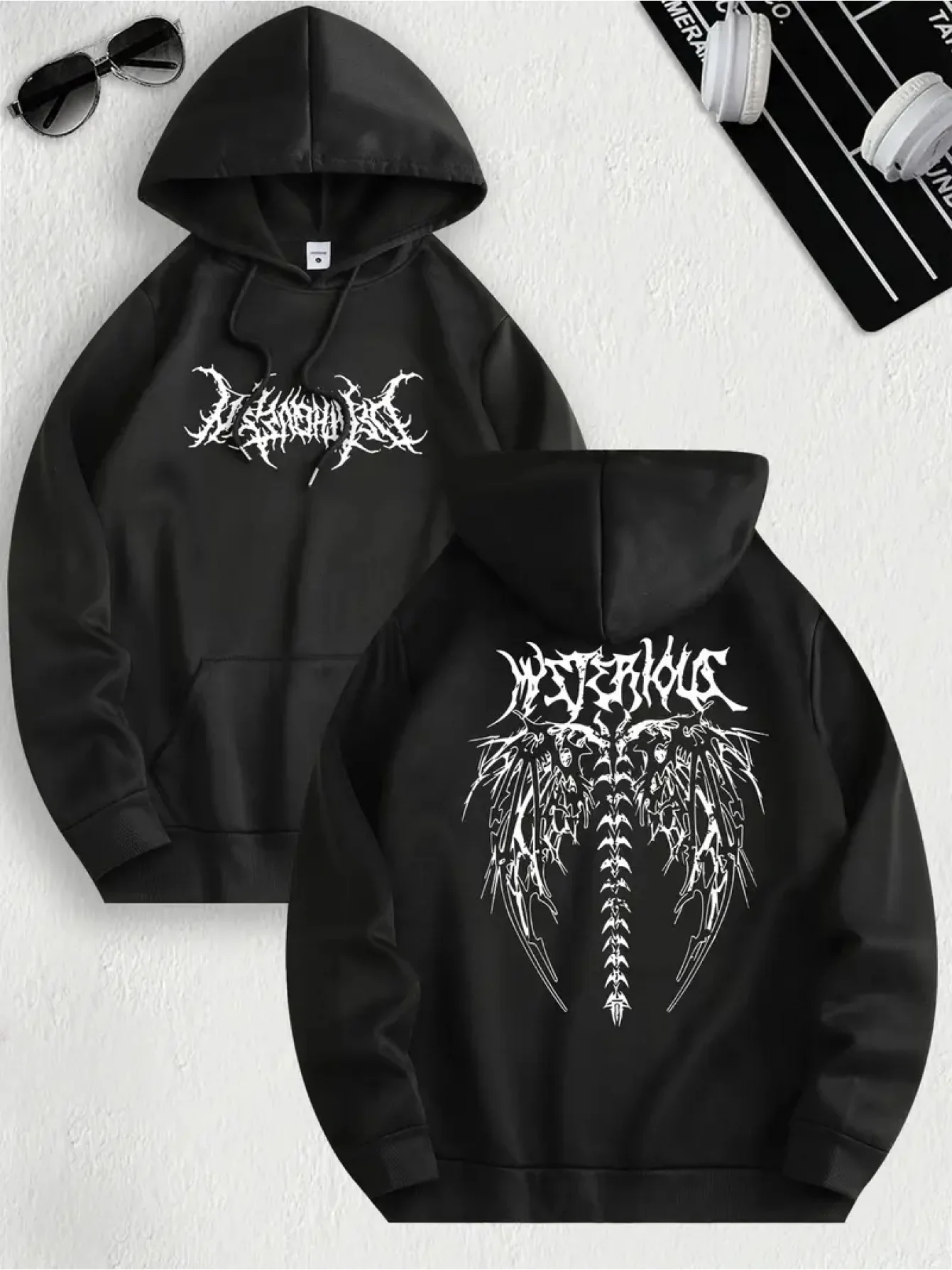 Alternative personality cool and dark men's casual outdoor sports warm hooded shirt with abstract thorn bone wing gothic print.