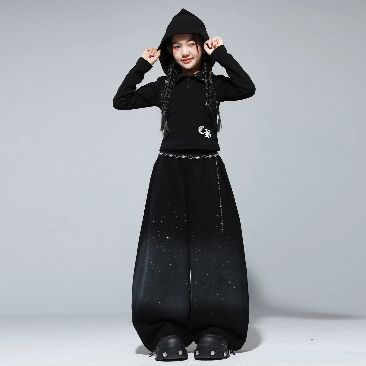 Ropa de Hip Hop Kpop para chico, camiseta corta con capucha negra, pantalones de pierna ancha con lentejuelas informales para niñas, trajes de baile callejero, ropa