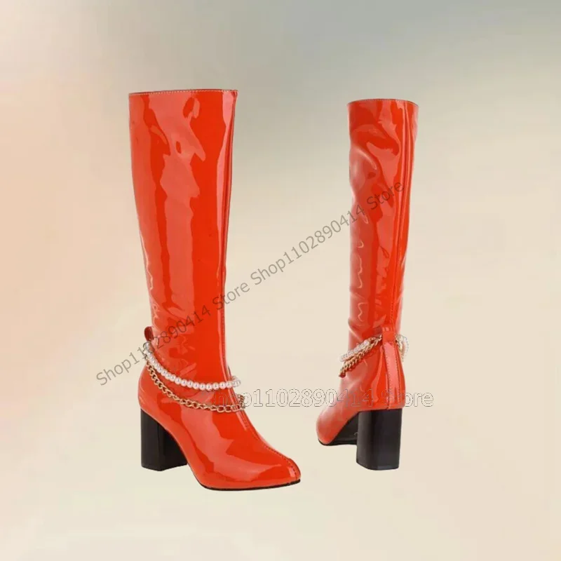 Green Patent Leather String of Pearl Chain Decor Boots Slip On Women Shoes Chunky High Heels Fashion 2023 Zapatos Para Mujere