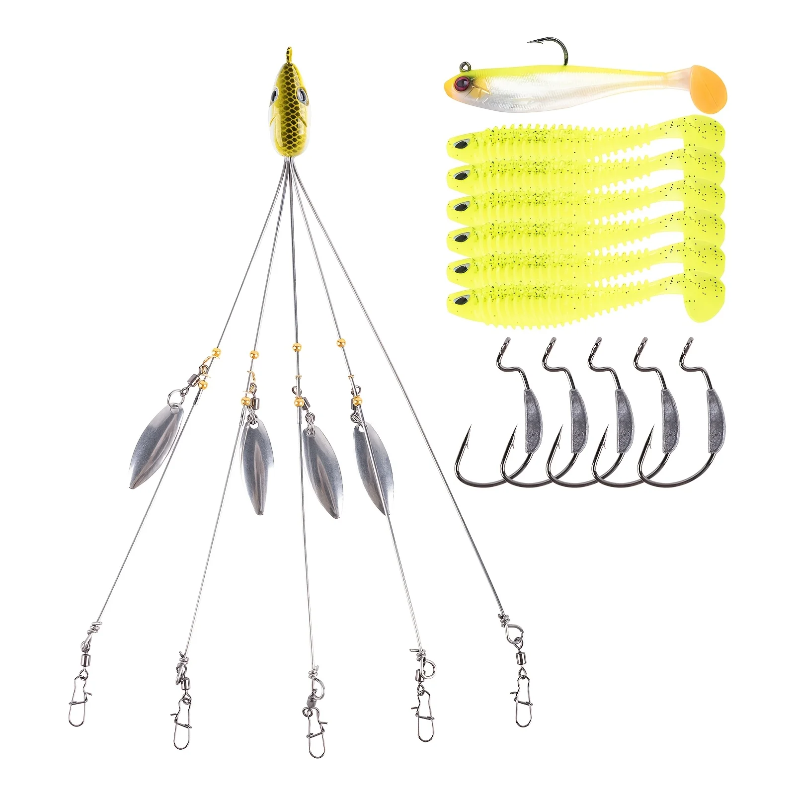 Goture Alabama Umbrella Rig Bait with 4 Spinners Fishing Lure Stainless Steel Snap Swivel Offshore Fishing Gear with Hook