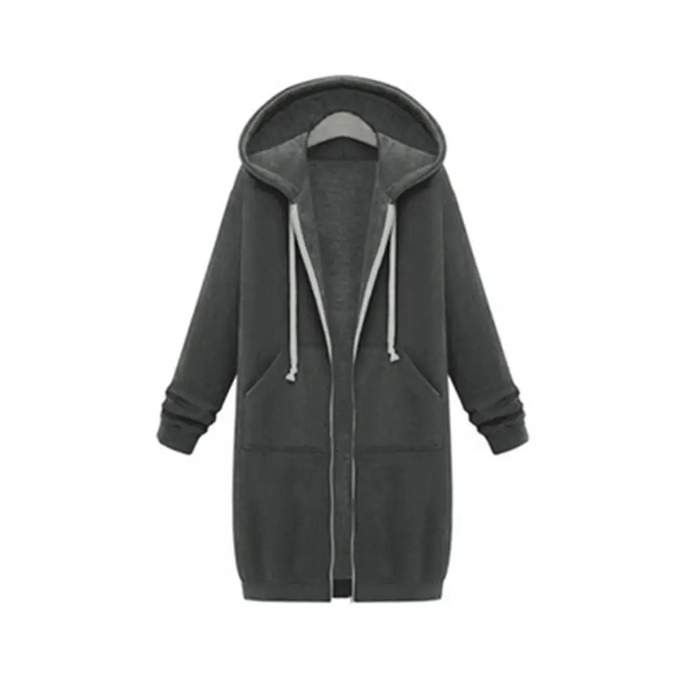 Zipper Lady Coat Women Coat Stylish Women\'s Long Hooded Sweatshirt Solid Color Coat with Zipper Placket Pockets Fashionable