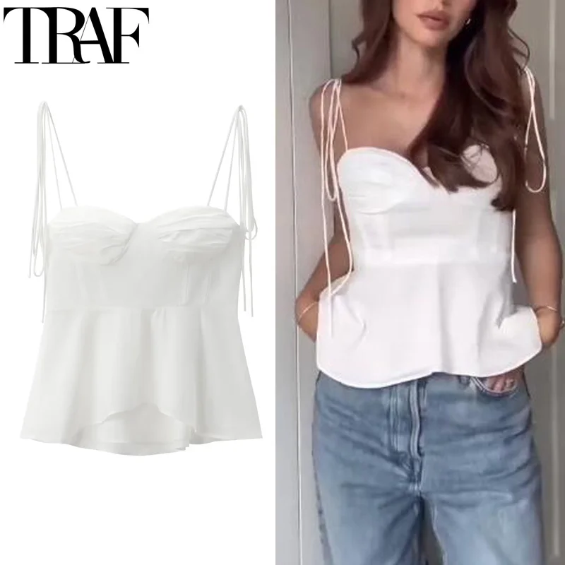 TRAF Bustier White Crop Top Woman Pleated Tied Sleeveless Top With Straps Backless Sexy Corset Top Women Asymmetric Summer Tops