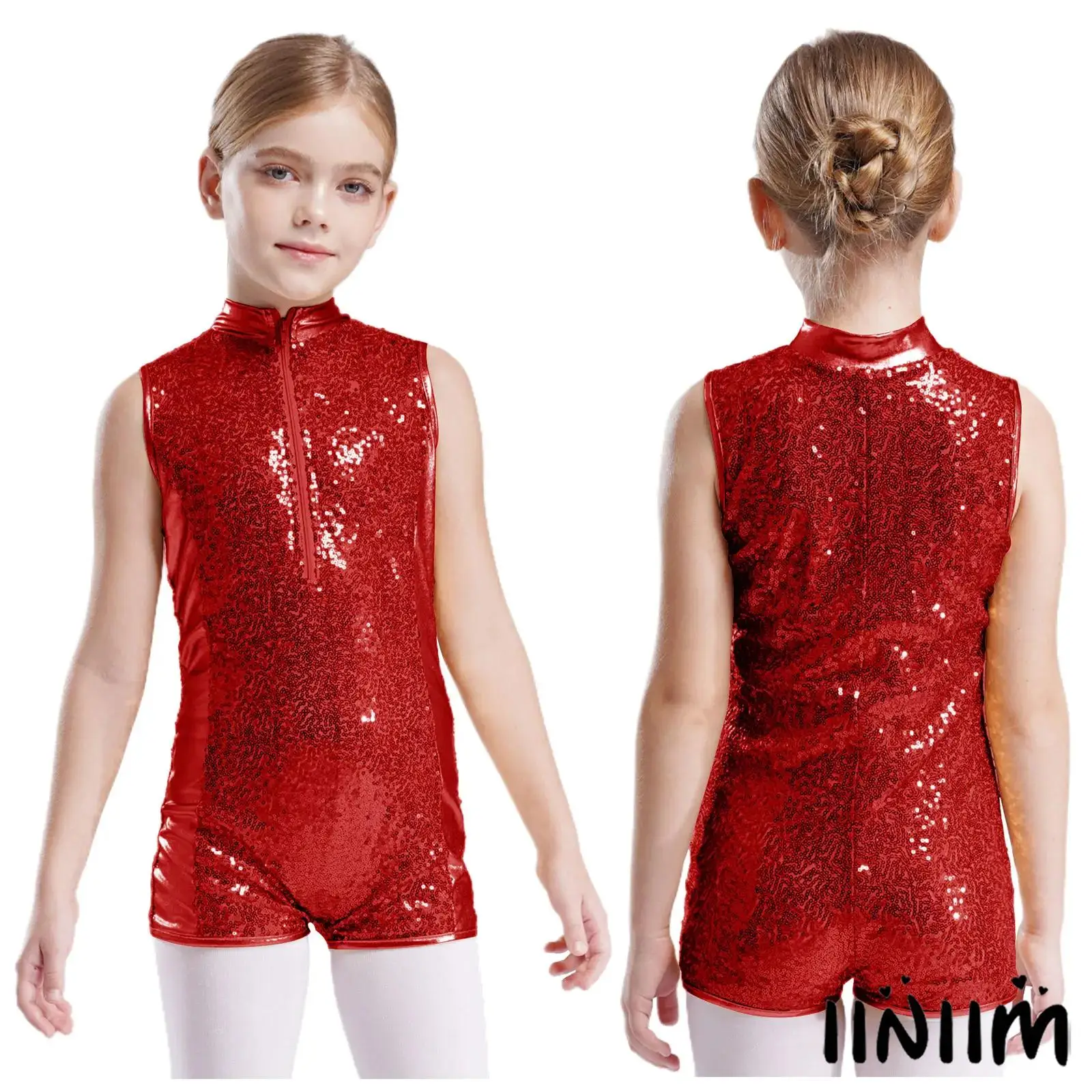 

‌Kids Girls Shiny Sequins Jazz Dance Jumpsuit with Metallic Patchwork Stretchable Performance Outfit for Gymnastics Stage Shows