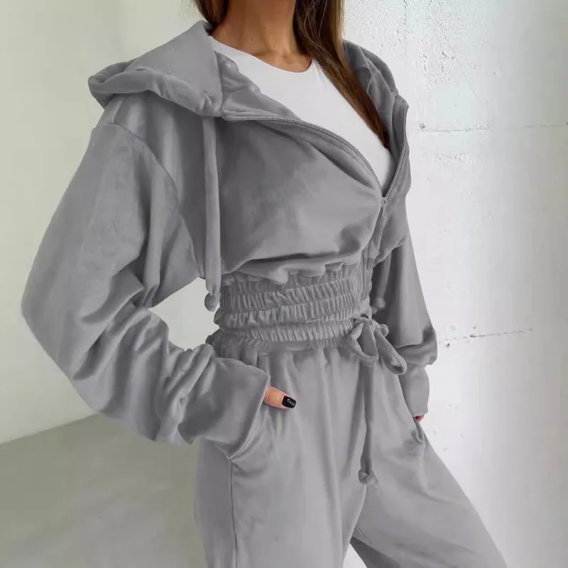 Velour Tracksuit Womens 2 Piece Sweatshirt Weatpants Set Full Zip Hoodie Sweatshirt with Pocket Causal Sportswear Autumn