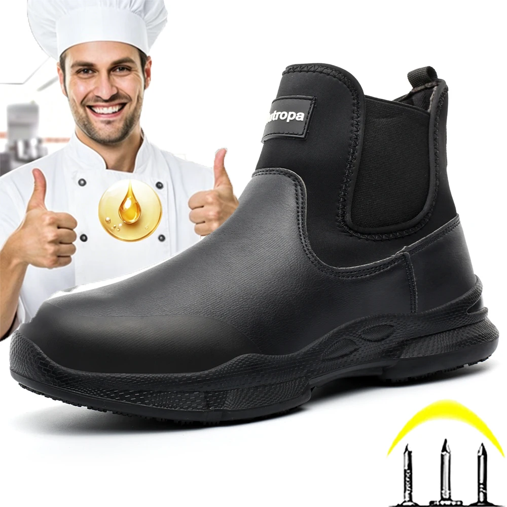 High Top Boots Men Chef Shoes Anti Slip Wear-resistant Chef Shoes Oil-resistant Kitchen Work Shoes Waterproof Men Leather Boots