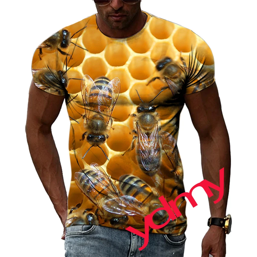 New Tide Fashion Summer Beehive Picture Bee Casual Print Tees Hip Hop Personality Round Neck Short Sleev Tops Men\'s T-shirt