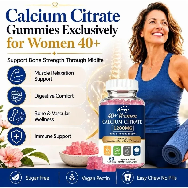 Calcium Citrate Gummies, 1200mg Calcium Containing Vitamin D3, K2 MK-7, Magnesium Glycinate, Zinc, Boron, and Probiotics