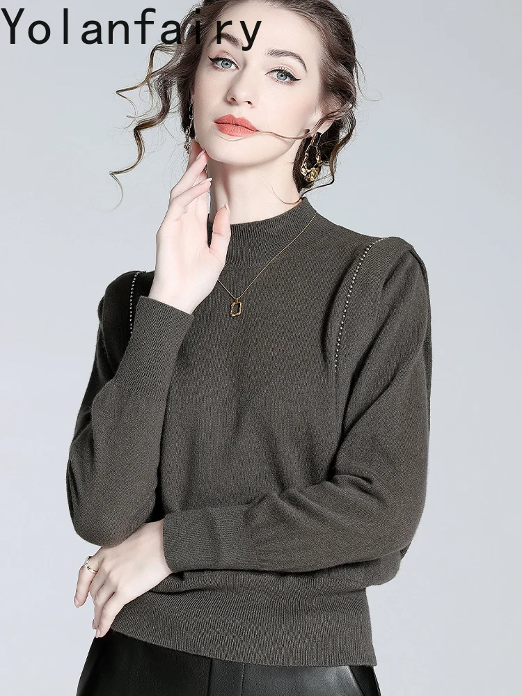 YOLANFAIRY الراقية 89% الصوف 11% سترة الكشمير المعنقة امرأة خفيفة فاخرة عالية الرقبة قاعدة طبقة طويلة الأكمام بلايز رداء علوي من الصوف البلوزات