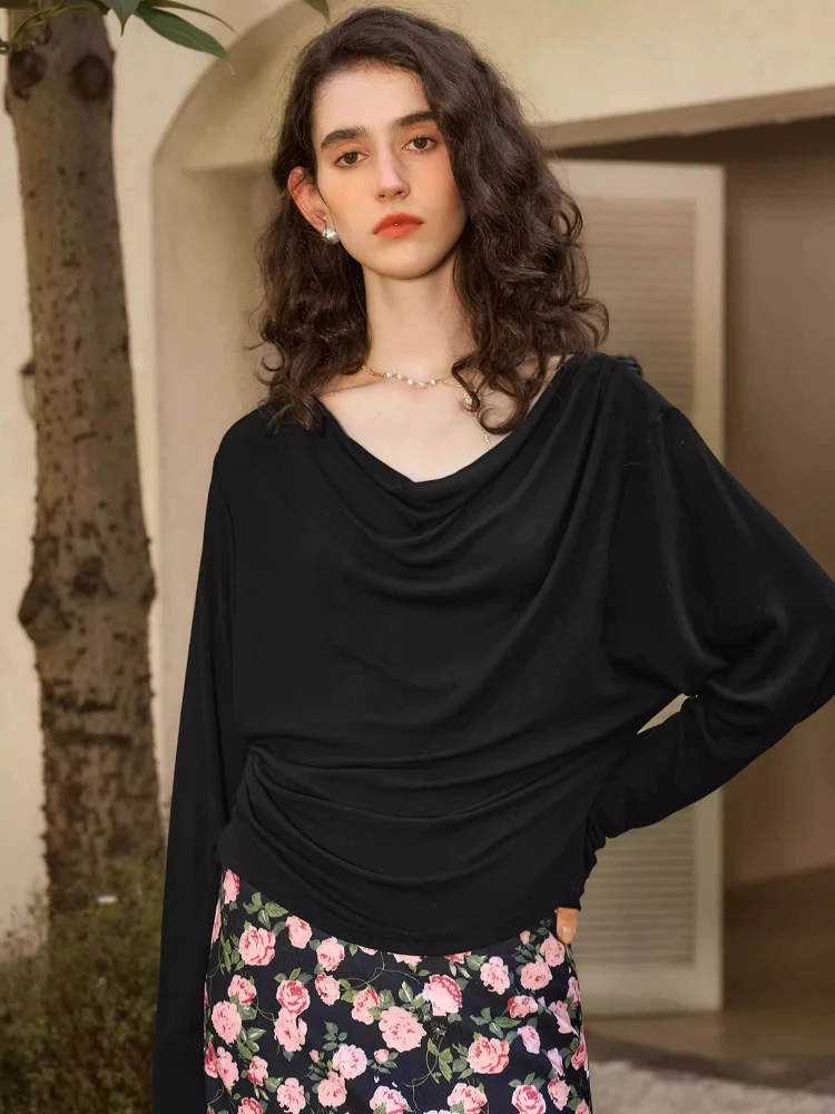 

OLrain French Square Neck Long Sleeve T-Shirt Women Autumn 2025 Fashion Top Loose Fit Breathable Minimalist Basic Tee O24QT91812