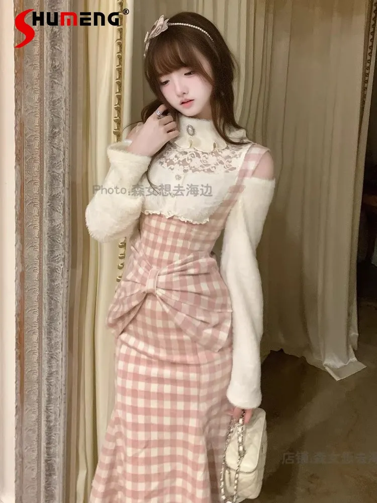 

Japanese Mori Girl Style Elegant Sweet Off-Shoulder Long-Sleeve Knitted Top High Waist Plaid Sling Dress Two-Piece Set for Women