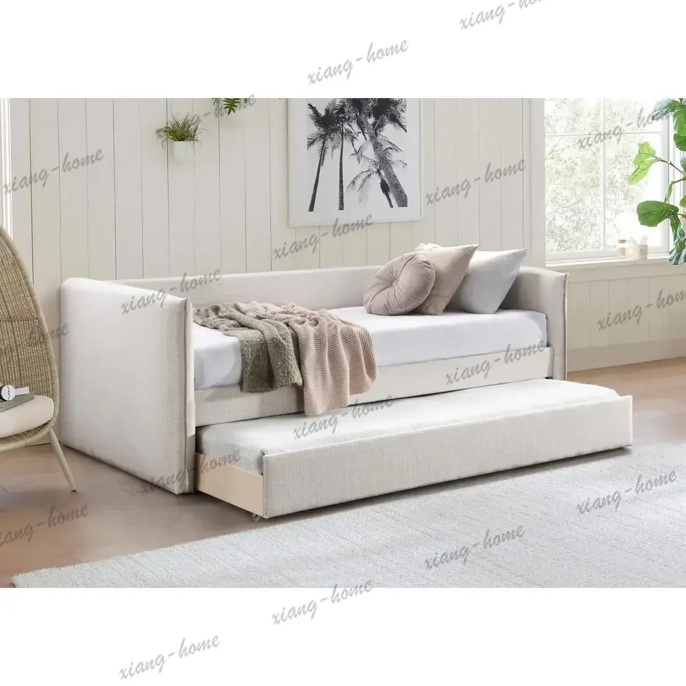 lsColtonCreamT Colton Collection Modern Contemporary Twin Daybed with Soft Cream Durable Linen Textured Fabric, Twin Trundle, 84
