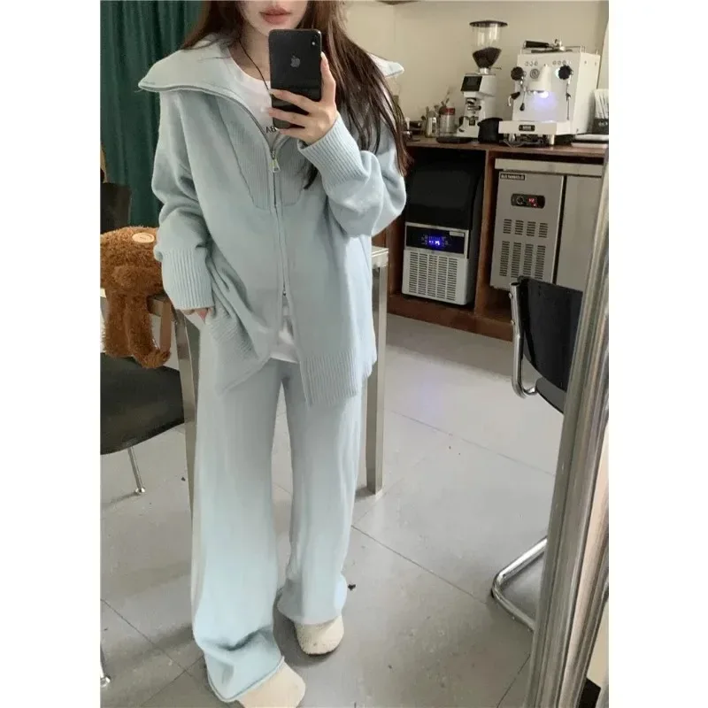 Women's Pant Sets Solid Polo Collar Zipper Long Sleeve Coat+Straight Wide Leg Pants Casual Sports Knitted Two Piece Lady Clothes