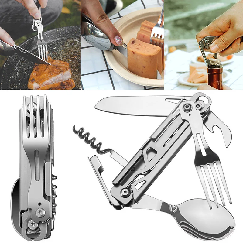 420 Stainless Steel Pocket Knife Multi-tool Portable Fork Spoon Outdoor Survival Camping Folding Knife Detachable Hand Tools