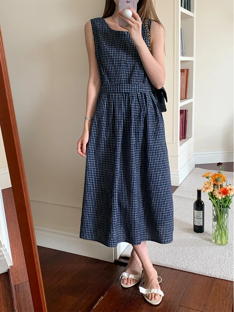Vestido Midi Retro a Cuadros sin Mangas para Mujer, Hoado, Rejuvenecedor, con Cuello Redondo y Cinturón en la Cintura