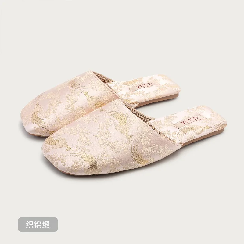 Women Chinese Style Satin House Slippers, Embroidery Pattern Backless Mules, Flat Non-slip Rubber Sole Indoor Bedroom Home