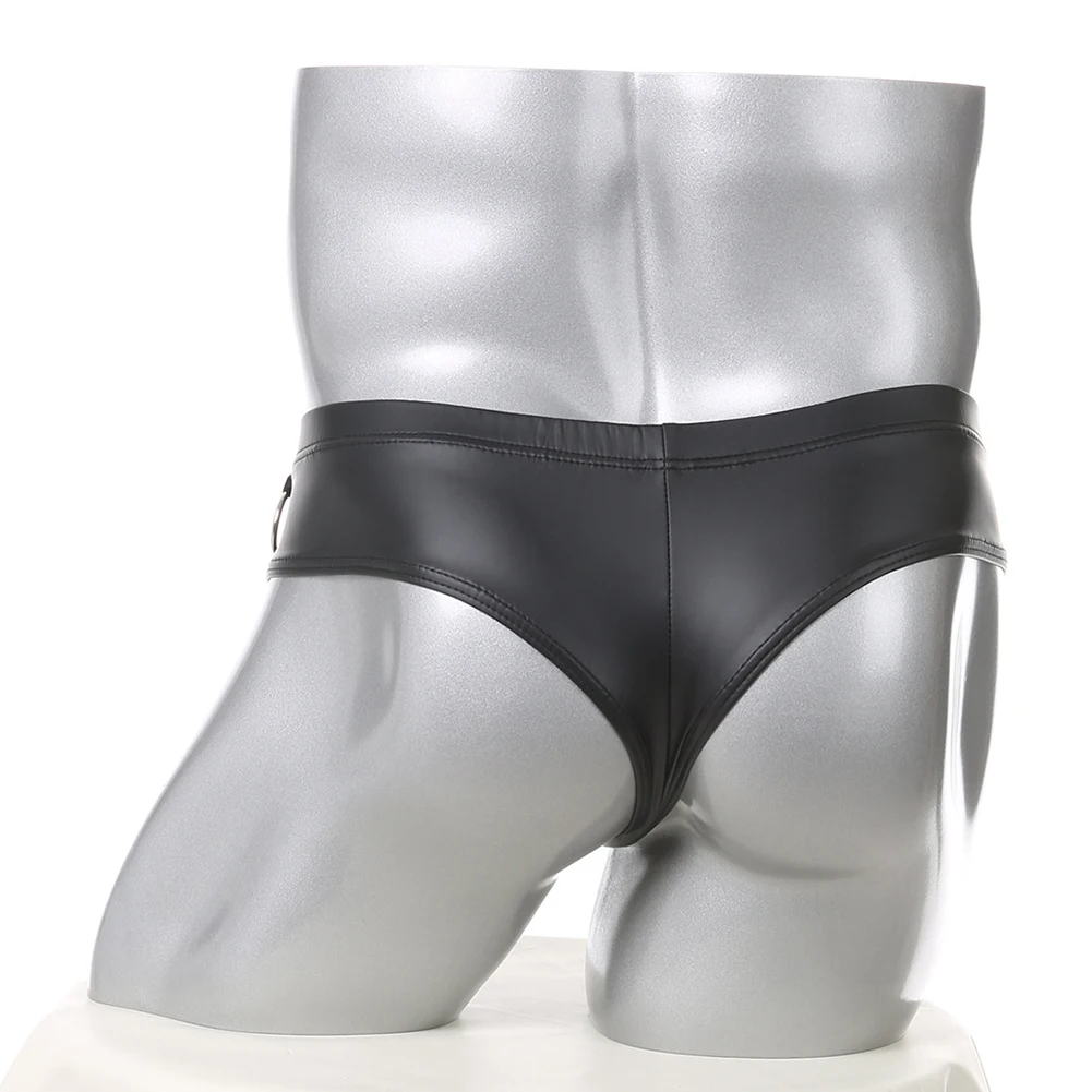 

Faux Leather Briefs Men Underwear Underpants Sexy Lingerie Low Rise Boxer Japanese Thongs Metal Ring Decor Trunks Men's Panties