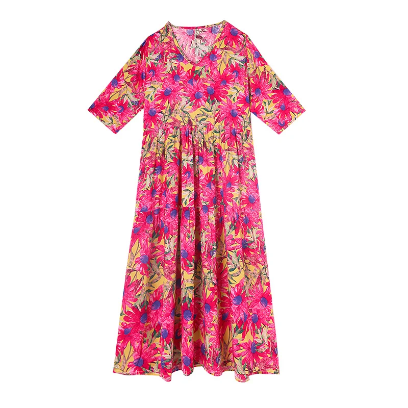 Neue Mode Lässig 2025, Sommer Kleider Für Frauen Vintage Kurzarm Oansatz Druck Lose Blumen Kleid plus größe Frauen Kleidung