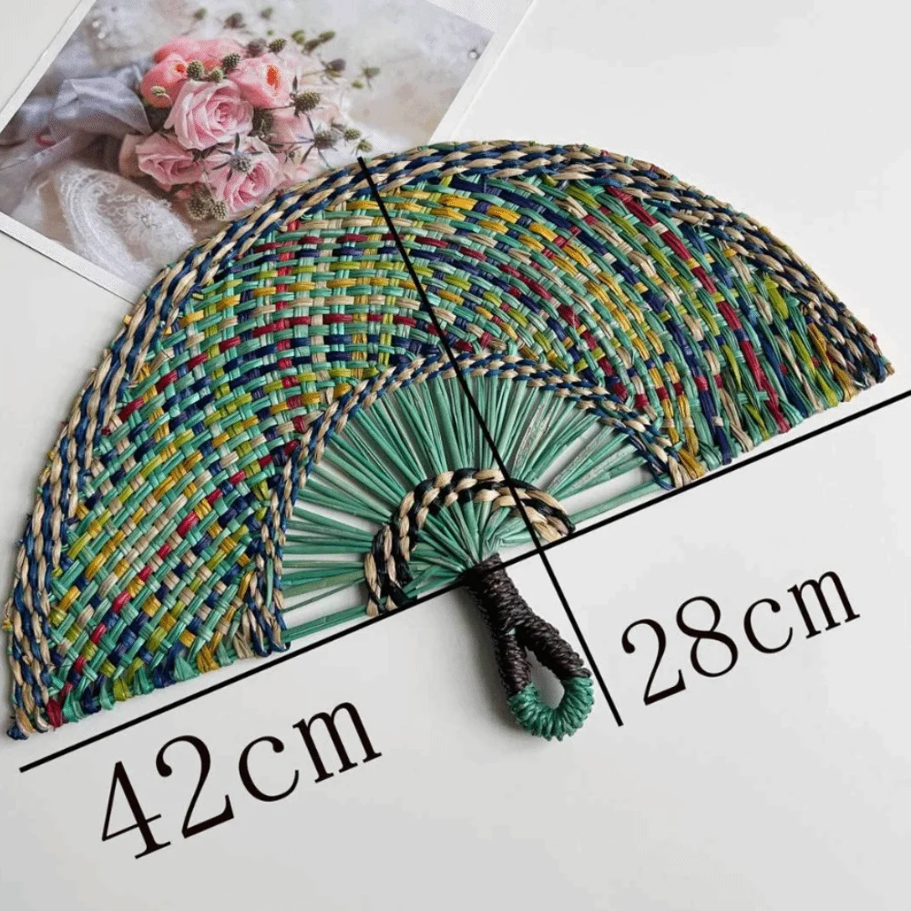 Natural Seaweed Straw Handheld Fan Boho Semicircular Woven Hand Fan Portable Summer Cooling Decorative Craft Photo Prop