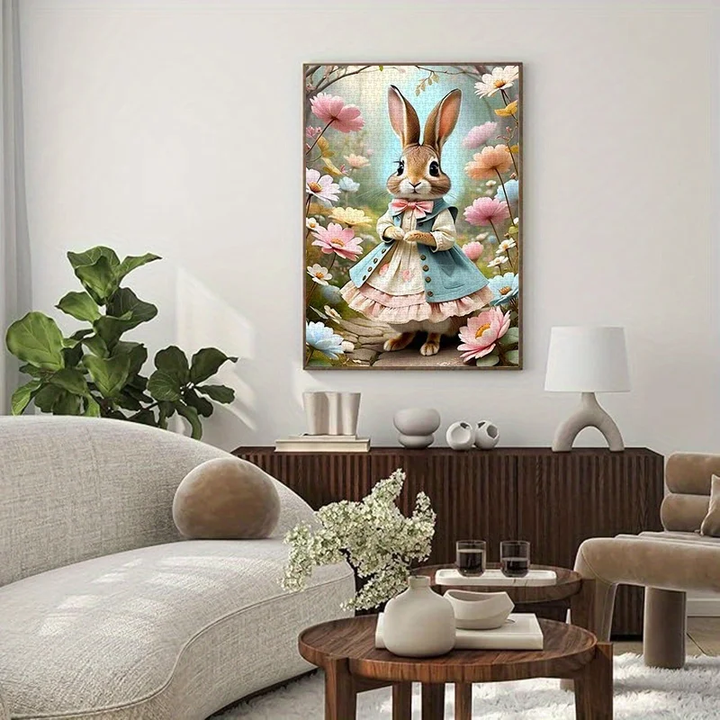 1000 قطعة من أحجية الورق، منشار قطع DIY مع أرنب لطيف في فستان منتفخ، خلفية زهرية، مادة بطاقة بيضاء عالية الجودة، مناسبة f