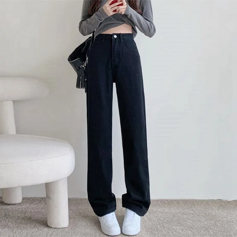 Jeans Longgar Pinggang Tinggi Wanita - Celana Denim Lebar Kaki Lurus Ukuran Besar, Pakaian Sehari-hari Kasual Trendi & Nyaman