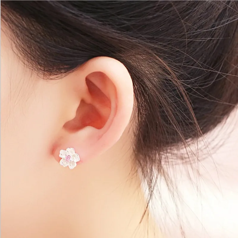 925 Jewelry Sterling Silver Earrings Cherry Blossom Inlaid Pink Zircon Ear Studs Simple and Popular Earrings for Women