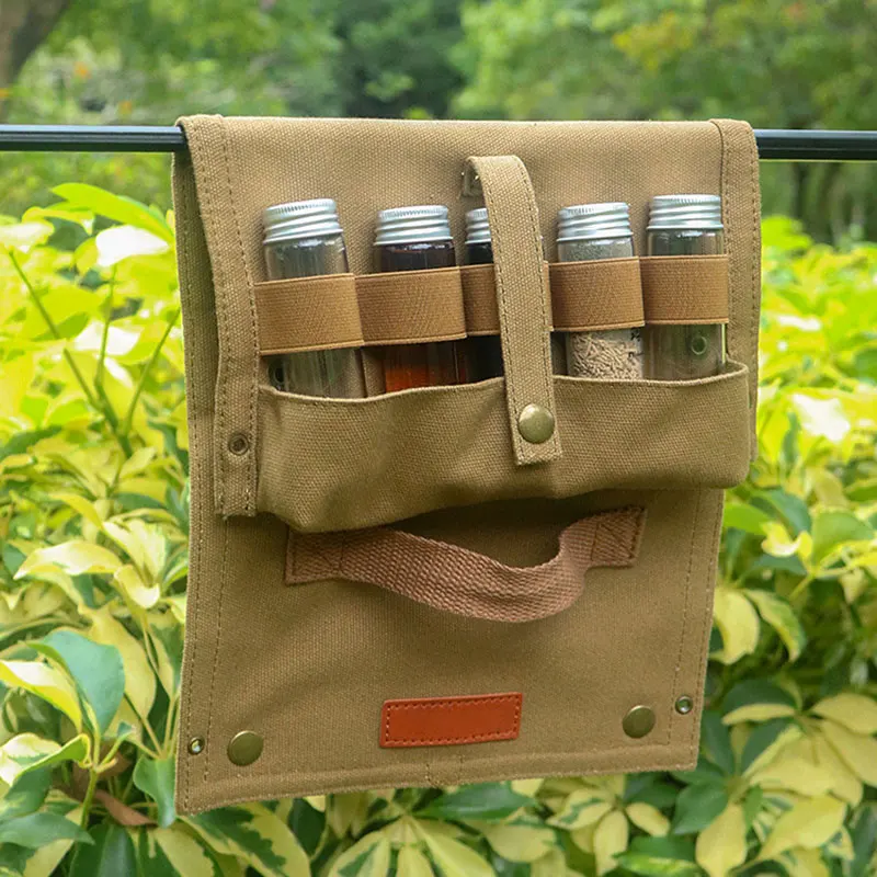 

Customization Outdoor Camping Spice Bottle Storage Bags Canvas Foldable Portable BBQ Picnic Seasoning Bottles