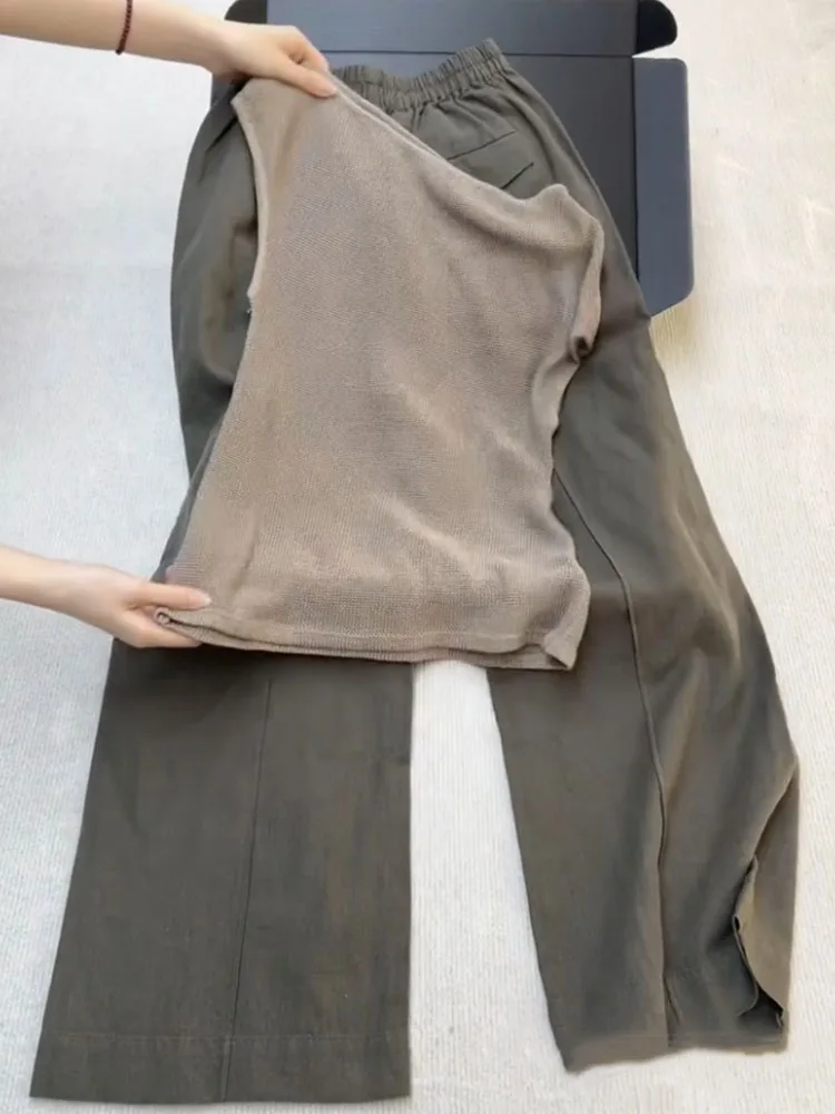 ชุดเซ็ตสองชิ้น เสื้อถักสีกากีและกางเกงขายาว สไตล์ลำลอง ให้ความรู้สึกหรูหรา สำหรับผู้หญิง คุณภาพพรีเมียม