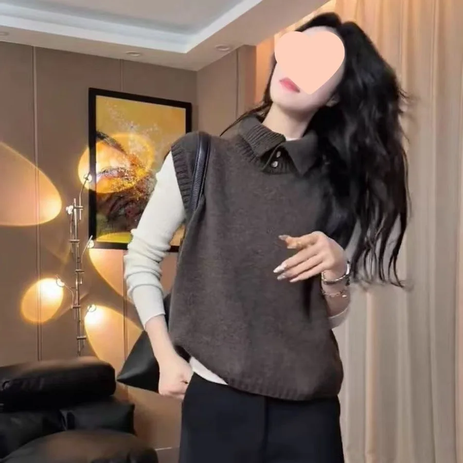 

Early Autumn Winter Warm Inner Wear Top Woolen Layering Tank TopFrench Style High Collar Knitted Sweater Vest Women's