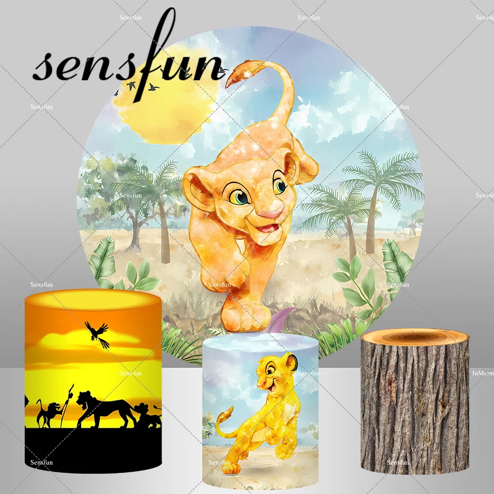 Boys Lion King Simba Theme Round Backdrop Cover Sunset Wood Plinth Cover Kids Baby Shower 1st Birthday Party Backgrounds Prop