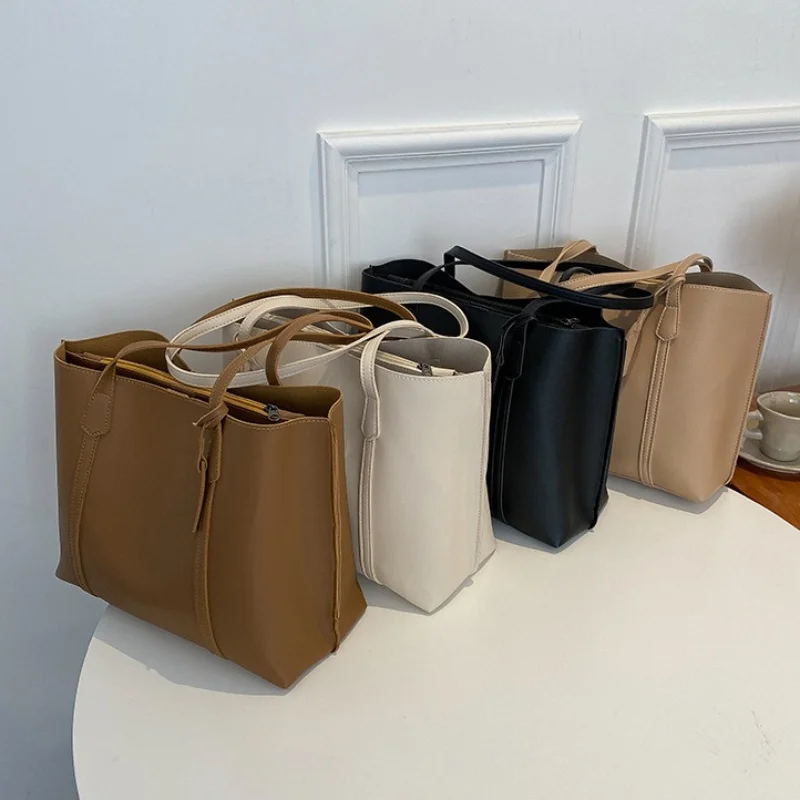 Trend Retro Solid Color PU Leather Underarm Bag Simple Large Capacity Women Tote Bag Elegant Shopping Travel Unisex Daily Bag