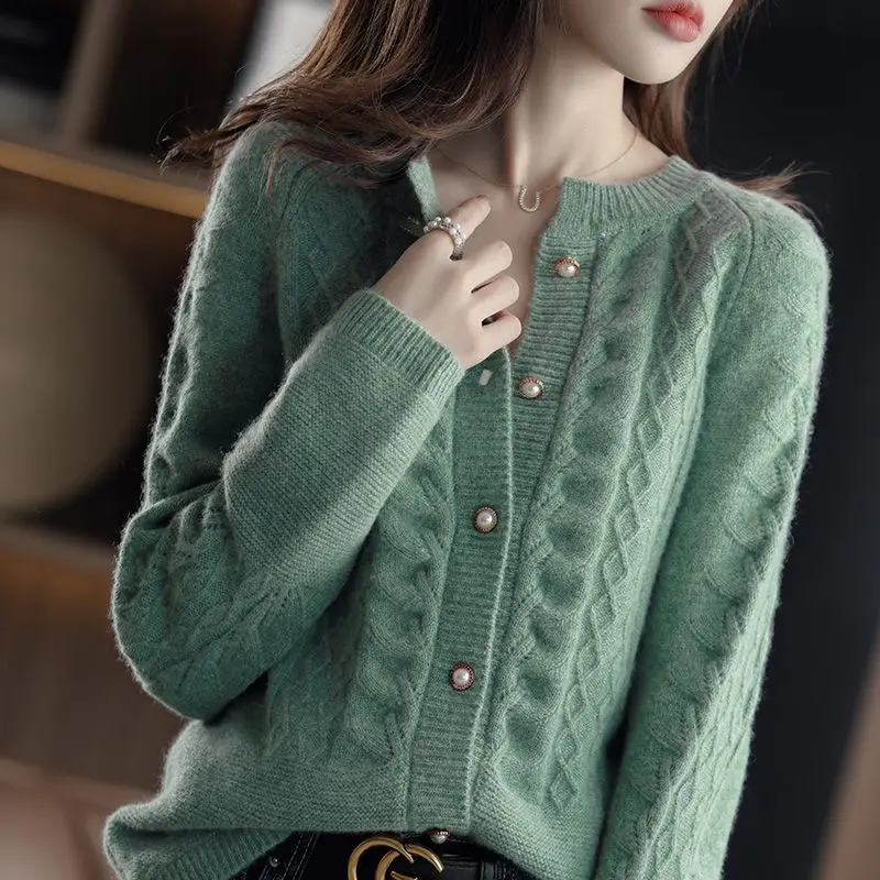 Women's Autumn Winter Fashion Solid Color Round Neck Button Hollow Versatile Long Sleeved Loose Sweater Knitted Cardigan Tops