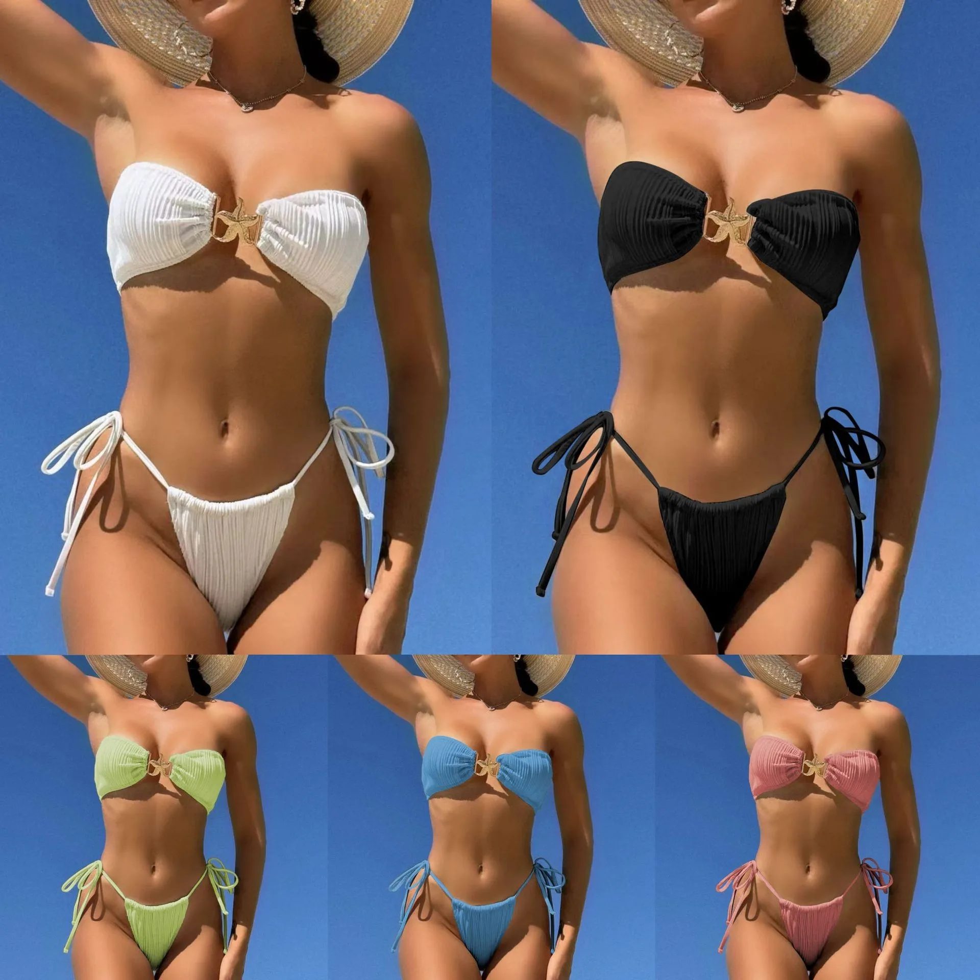

Hot Lingerie Top Pleated Fabric Tie Side Bottom Bikinis Strapless High Cut Swimsuit Beachwear Set Women's Bandeau Top Solid