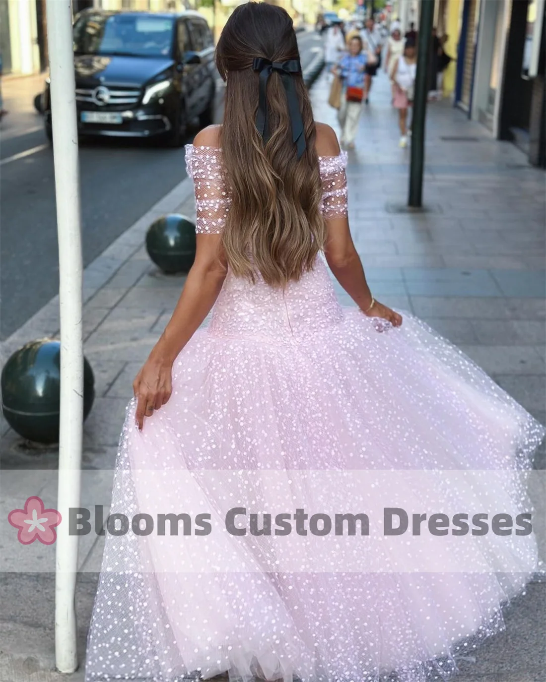 Customized Fairytale Pink Evening Dresses Tulle Dotted Long Prom Dresses Formal Occasion Ankle Length Boat Neck Birthday Party