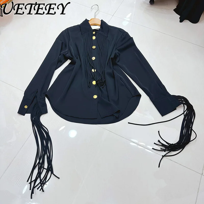 

Элегантная женская блузка с металлической пряжкой и длинными рукавами, с кисточками, белая, новинка весна-лето 2026, черная, топ, рубашка, камиса