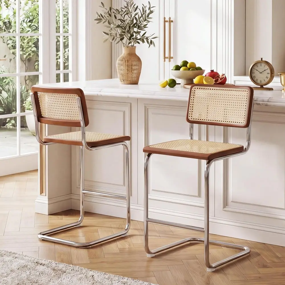 

Rattan Bar Stools Set of 2, Counter Height Stools with Wicker Back, 24 Inch Modern Bar Stools, Mid Century Cantilever Counter C