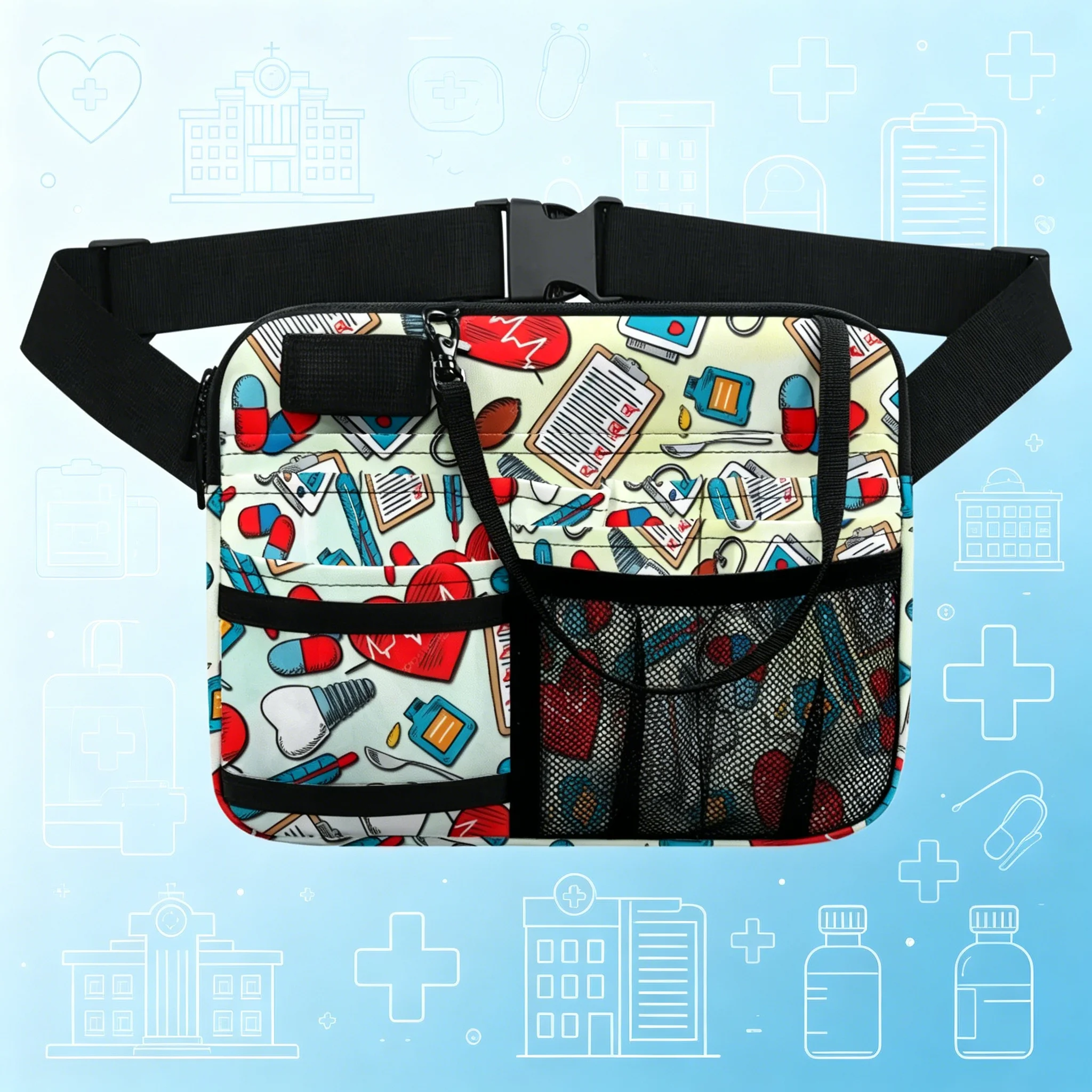 

Purple Medical Theme Waist Bag Cartoon Print Fanny Pack with Stethoscope Holder, Multi-Pocket Belt Organizer for Nurse Doctor