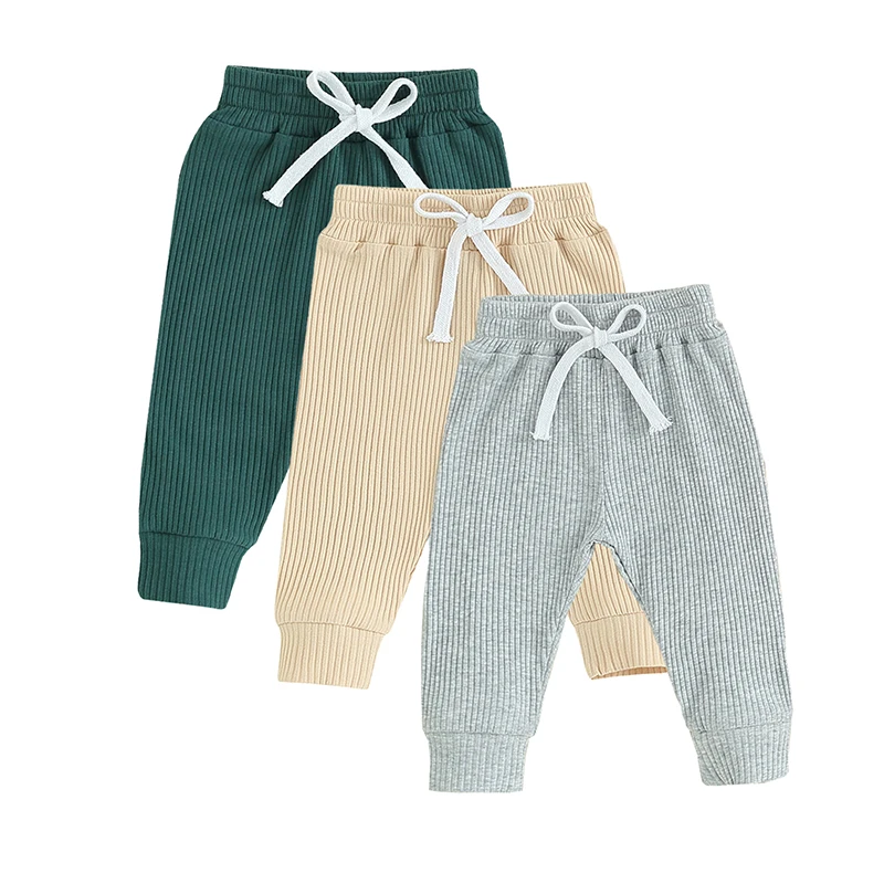 Louatui Toddler Baby 3 Pieces Long Pants Set Baby Boy Spring Fall Ribbed Bottom Infant Knitted Pull-Up Pants